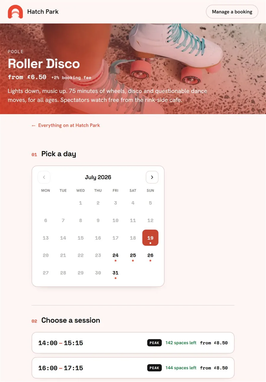 Hatch Park's Roller Disco booking page: a calendar headed Pick a day, then Choose a session showing 14:00 to 15:15 with 142 spaces left from £8.50